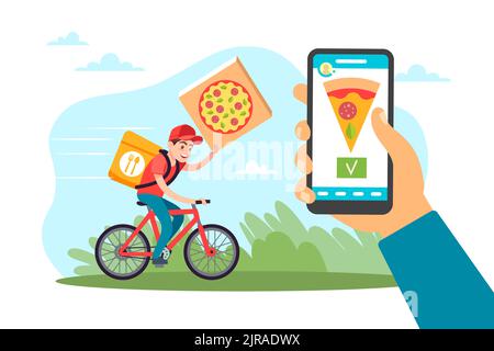 Home Food Delivery Service, Online-Anwendung für mobile Bestellungen, Catering-Industrie. Junge auf Fahrrad schnell Kurier, Express-Lebensmittelversand, Hand halten Stock Vektor