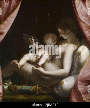 Venus und Amor, Ölgemälde auf Leinwand von Luca Cambiaso, um 1570 Stockfoto