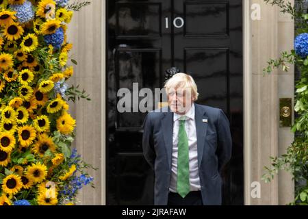 London, Großbritannien. 23. August 2022. EMBARGO 9pm 23/08/22 Boris Johnson, MP, Premierminister, vor der dekorierten Tür der Downing Street 10 für den Unabhängigkeitstag der Ukraine Kredit: Ian Davidson/Alamy Live News Stockfoto