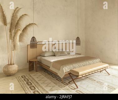 Imitierter Rahmen im Schlafzimmer-Interior Design. Beigefarbenes Zimmer mit Naturholzmöbeln. Skandinavischer Stil. 3D Darstellung rendern. Stockfoto