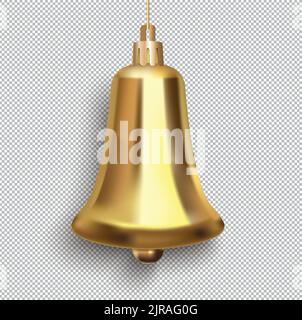 Goldene Glocke Spielzeug Weihnachten auf transparentem Hintergrund mit Schatten. Vektorgrafik Stock Vektor