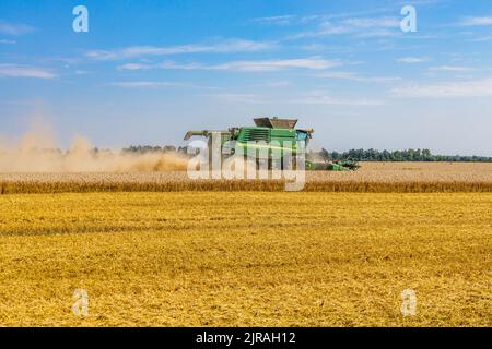 Landwirtschaftliche Weizenfeld mit Mähdrescher Maschine in der Bearbeitung Prosses. Simnas, Litauen, 15. August 2022 Stockfoto