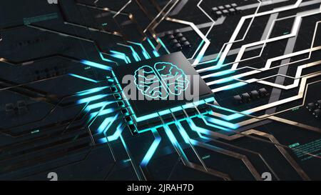3D Rendering of Artificial Intelligence Konzept der Digitalisierung, Mikrochip mit Gehirn-Logo beginnt, Informationen zu verarbeiten Cloud-Computing-Daten, digitale Linien bewegen sich aus dem Prozessor Stockfoto