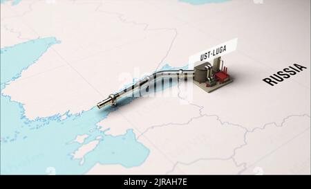 3D Rendering of Process Nord Stream 2 Bau einer Gaspipeline zwischen Russland und Deutschland auf der Karte Stockfoto