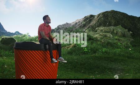 Afroamerikanischer Mann in legerer Kleidung, der auf einer großen Tasse zum Mitnehmen sitzt und am sonnigen Morgen in den Bergen frischen Kaffee genießt Stockfoto
