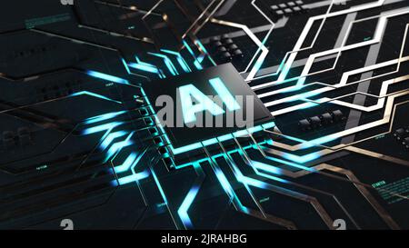3D Rendering of Abstract Visualization Design of Artificial Intelligence Konzept der Digitalisierung, Mikrochip mit KI-Symbol beginnt, Informationen und Cloud-Computing-Daten zu verarbeiten, digitale Linien bewegen sich vom Prozessor Stockfoto
