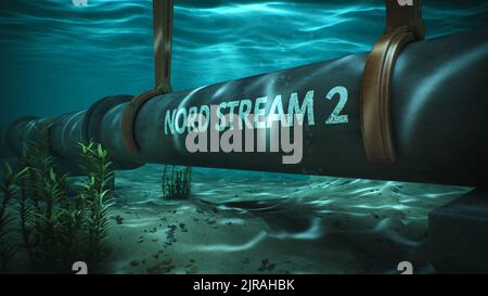 3D Render von Roboterschellen zur Installation eines Rohres mit der Aufschrift Nord Stream 2 auf dem Ostseeboden während des Aufbaus einer Gaspipeline von Russland nach Deutschland Stockfoto