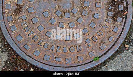 Pentresaeson Foundry Gusseisen geprägtes Gitter, Wrexham, North Wales, Cymru, UK Stockfoto
