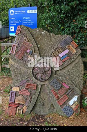 Kunstwerke in der Nähe des Besucherzentrums des Pontcysylite Aquädukts Thomas Telfords, des Vale of Llangollen, Trevor, Llangollen, Wales, UK, LL20 7TP Stockfoto