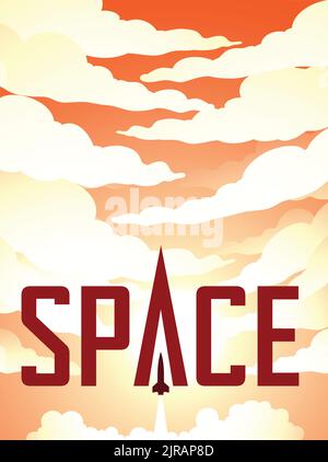 Illustration des Weltraumplakats des Raketenstarts über einem orangenen, wolkigen Nachthimmel Stock Vektor