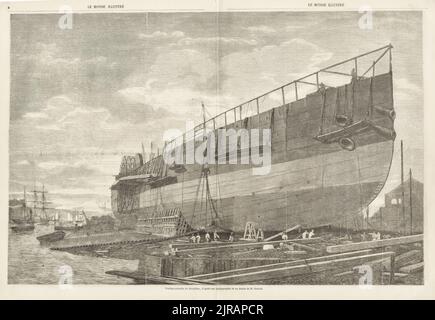 Holzschnitt nach einer Fotografie des Leviathan, einem eisernen, segelbetriebenen Schaufelrad und Schraubendampfer, später bekannt als SS Great Eastern, im Bau, 12. November 1857. Fotografie von Robert Howlett (1831 - 1858). Stockfoto