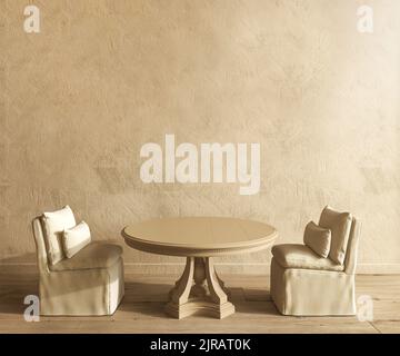 Mockup Poster Rahmen in Bauernhaus Wohnzimmer Interieur. Leere beigefarbene Wand. Pastellfarbenes Apartment. 3D Darstellung rendern. Stockfoto