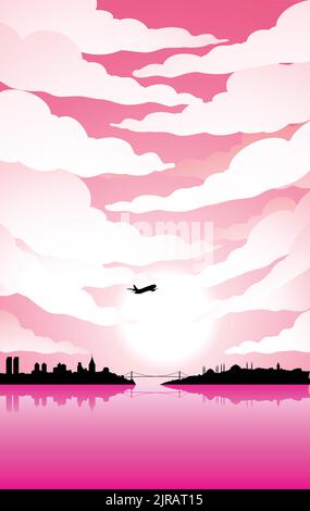 Illustration von Istanbul Silhouette unter einem rosa wolkigen Himmel Stock Vektor