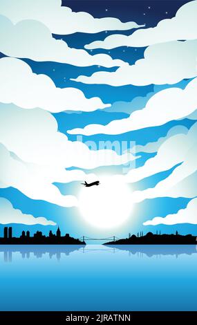 Illustration von Istanbul Silhouette unter einem blauen wolkigen Himmel mit hellem Mond Stock Vektor