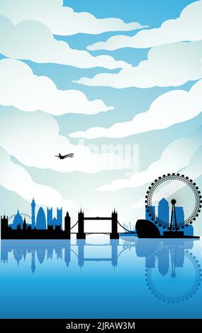 Illustration von Londoner Wahrzeichen unter einem blauen wolkigen Himmel Stock Vektor