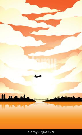 Illustration von Istanbul Silhouette unter einem wolkigen Himmel bei Sonnenuntergang Stock Vektor