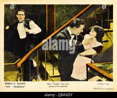 Poster / Lobby-Karte für das Harold Lloyd Fahrzeug 1925 The Freshman (1925), mit Harold Lloyd, Brooks Benedict und Jobyna Ralston. Stockfoto
