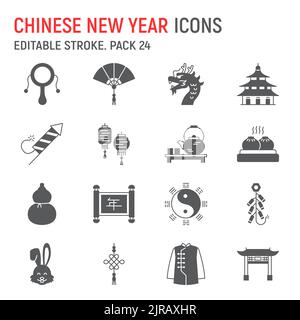 Chinesische Neujahrs-Glyphen-Icon-Set, 2023 chinesische Kaninchen-Tierkreis, Reisekollektion, Vektorgrafiken, Logo-Illustrationen, chinesische Neujahrs-Vektor-Icons, asia-Zeichen, solide Piktogramme, editierbarer Strich Stock Vektor