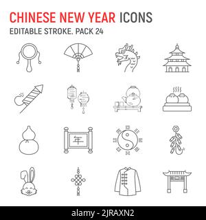 Chinesische Neujahrslinie Icon Set, 2023 chinesische Kaninchen Tierkreis, Reise-Sammlung, Vektorgrafiken, Logo Illustrationen, chinesische Neujahr Vektor-Symbole, asien Zeichen, Umriss Piktogramme, editierbare Kontur Stock Vektor