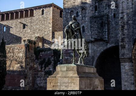 Montierte Statue von Ramon Berenguer III, Barcelona, Spanien Stockfoto