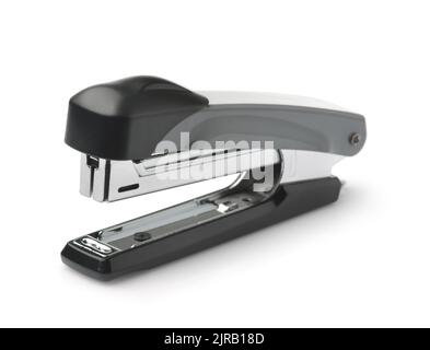 Grauer Bürohefter aus Metall, isoliert auf Weiß Stockfoto