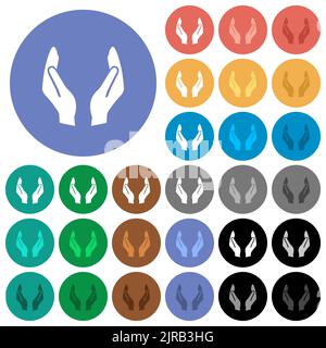 Leere Schutzhände durchgehende, mehrfarbige flache Symbole auf runden Hintergründen. Inklusive weißer, heller und dunkler Symbolvarianten für den Schwebezustand und den aktiven Status Stock Vektor