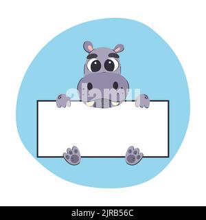 Hippo hält ein weißes Banner. Niedliche handgezeichnete Vektor-Illustration mit blauem Hintergrund. Editierbare Kartenvorlage. Stock Vektor