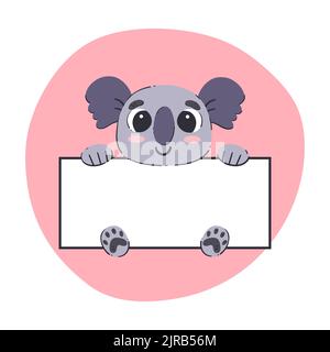 Koala hält ein weißes Banner. Niedliche handgezeichnete Vektor-Illustration mit rosa Hintergrund. Editierbare Kartenvorlage. Stock Vektor