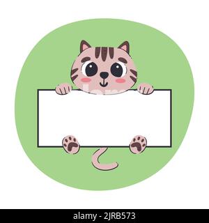 Katze hält ein weißes Banner. Niedliche handgezeichnete Vektor-Illustration mit grünem Hintergrund. Editierbare Kartenvorlage. Stock Vektor