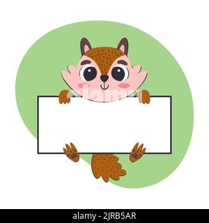 Eichhörnchen hält ein weißes Banner. Niedliche handgezeichnete Vektor-Illustration mit grünem Hintergrund. Editierbare Kartenvorlage. Stock Vektor