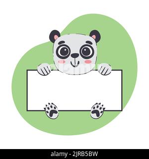 Panda Bär hält ein weißes Banner. Niedliche handgezeichnete Vektor-Illustration mit grünem Hintergrund. Editierbare Kartenvorlage. Stock Vektor