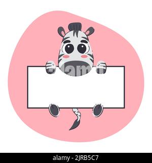 Zebra hält ein weißes Banner. Niedliche handgezeichnete Vektor-Illustration mit rosa Hintergrund. Editierbare Kartenvorlage. Stock Vektor