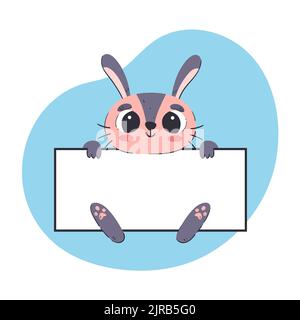 Kaninchen hält ein weißes Banner. Niedliche handgezeichnete Vektor-Illustration mit blauem Hintergrund. Editierbare Kartenvorlage. Stock Vektor