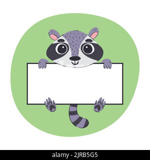 Waschbär mit weißem Banner. Niedliche handgezeichnete Vektor-Illustration mit grünem Hintergrund. Editierbare Kartenvorlage. Stock Vektor