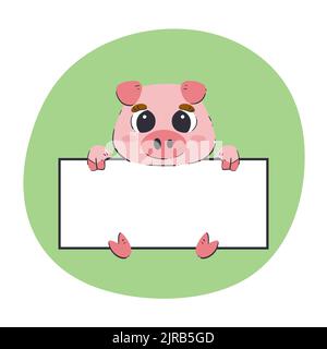 Schwein hält ein weißes Banner. Niedliche handgezeichnete Vektor-Illustration mit grünem Hintergrund. Editierbare Kartenvorlage. Stock Vektor