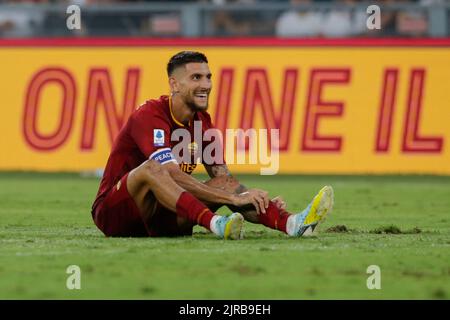 Roma's italienischer Mittelfeldspieler Lorenzo Pellegrini gestikulieren während des Fußballspiels der Serie A zwischen AS Roma und Cremonese. As Roma gewann 1-0 Stockfoto