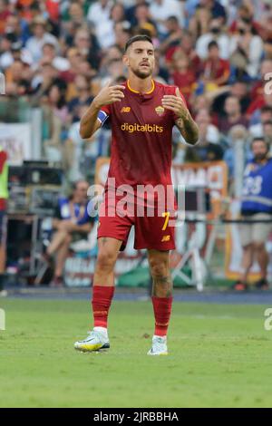 Roma's italienischer Mittelfeldspieler Lorenzo Pellegrini gestikulieren während des Fußballspiels der Serie A zwischen AS Roma und Cremonese. As Roma gewann 1-0 Stockfoto