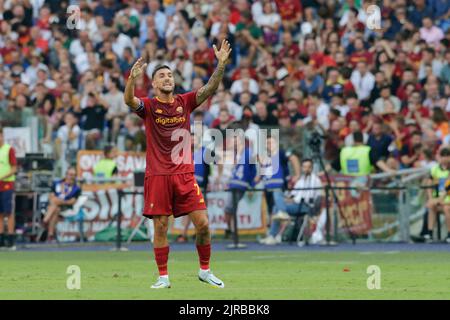 Roma's italienischer Mittelfeldspieler Lorenzo Pellegrini gestikulieren während des Fußballspiels der Serie A zwischen AS Roma und Cremonese. As Roma gewann 1-0 Stockfoto