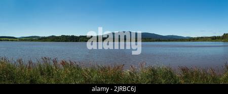 Panoramablick auf Teich Olsina, berühmten Lehrpfad in Sumava Wald. Tschechische Sommerlandschaft Stockfoto