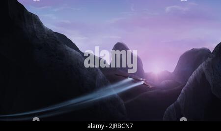 Raumschiff, das bei Sonnenuntergang in blauer Stunde durch das Bergtal fliegt. Fantasy, futuristische digitale Malerei, 3D Illustration Stockfoto