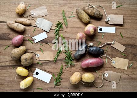 Studioaufnahme von verschiedenen Sorten von beschrifteten Kartoffeln flach vor Holzhintergrund gelegt Stockfoto