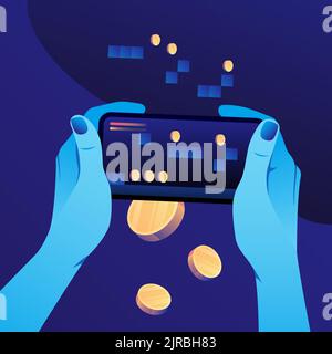 Hände halten das Smartphone. Grafik spielt, um Illustration zu verdienen. Vektorgrafik Stock Vektor