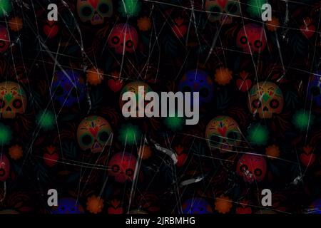 Gruselig grunzig zerkratzte schwimmende Zuckerschädel in einem verträumten alptraumhaften ätherischen Hintergrund für den Tag der Toten, Halloween oder Dia de los muertos. Stock Vektor