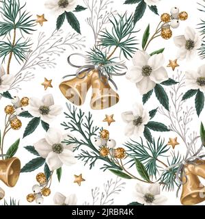Nahtloses Muster mit weihnachtlichen botanischen Pflanzen, Blumen und Glocken. Textil- oder Tapetendruck. Stock Vektor