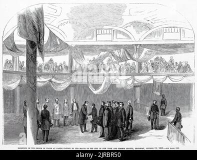 Empfang des Prinzen von Wales im Castle Garden durch den Bürgermeister der Stadt New York und den gemeinderat, 11.. Oktober 1860. Besuch des Prinzen von Wales, Edward Albert, in Amerika. 19.. Jahrhundert Illustration aus Frank Leslie's Illustrated Newspaper Stockfoto