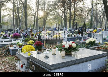 Rakowicki Friedhof, einer der bekanntesten Friedhöfe Polens, im Zentrum von Krakau, Polen. Stockfoto