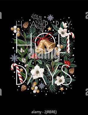 Weihnachtskarte mit botanischen Pflanzen, Blumen und Glocken isoliert. Stock Vektor