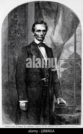 Porträt von Abraham Lincoln, Illinois, dem Präsidentschaftskandidaten der Republikanischen Partei (1860). 19.. Jahrhundert Illustration aus Frank Leslie's Illustrated Newspaper Stockfoto