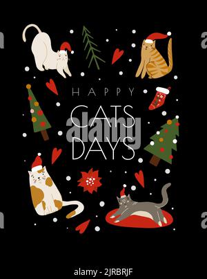 Karte mit glücklichen Katzen. Fröhliche Weihnachtsdrucke. Stock Vektor