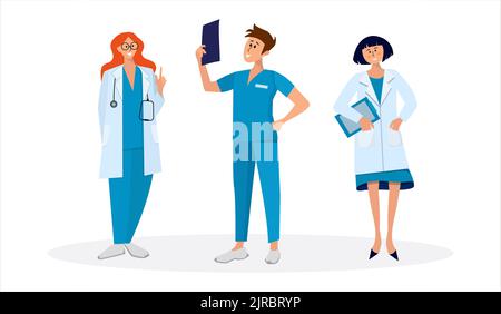Medizinische Fachkräfte stehen in verschiedenen Posen und mit unterschiedlichen medizinischen Instrumenten. Stock Vektor